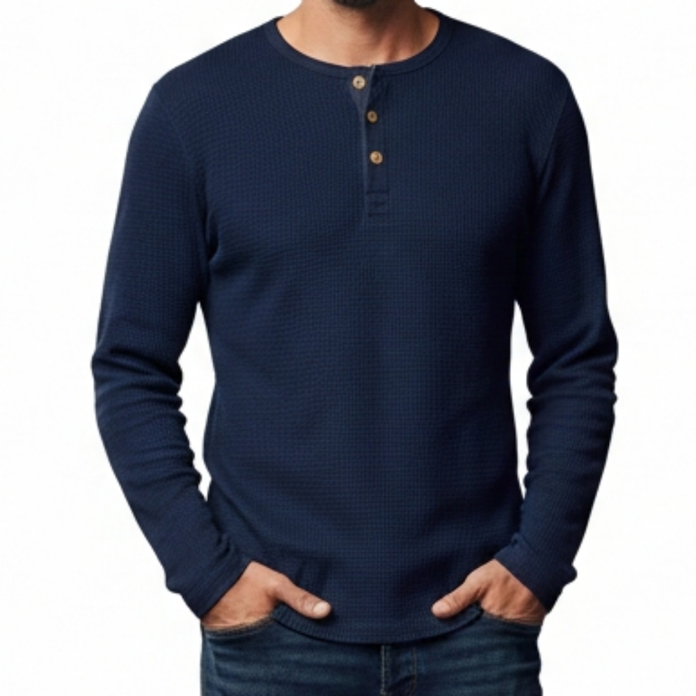 Goodfellow & Co Men’s XXL Navy Blue Waffle Knit Henley - Long Sleeve EUC